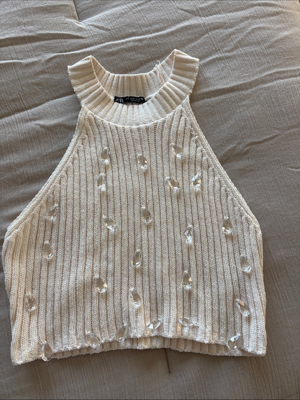 Zara Ribbed Crystal-Embellished Halter Tank Top - Cream